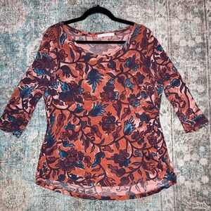 Peruvian Connection Terracotta and‎ Teal Floral Blouse 100% Pima Cotton M